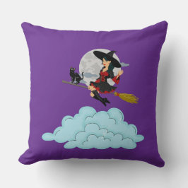 Witch and black cat flying on broom クッション