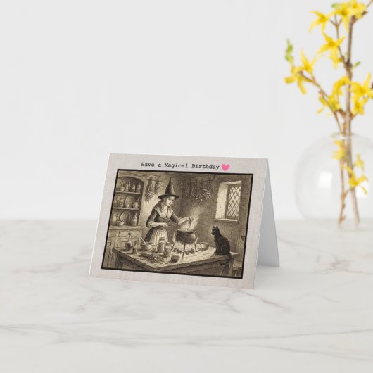 Witch and Black Cat Gothic Have a Magical Birthday カード (黄色い花)