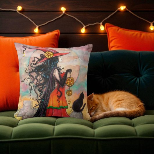 Witch and Black Cat Pillow for Halloween クッション