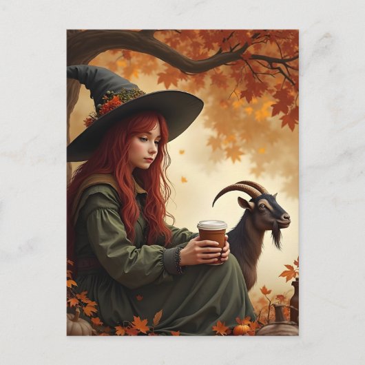 Witch and Pet Goat in Autumn ポストカード (正面)