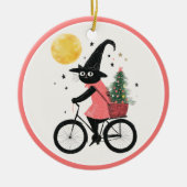 Witch Black Cat Cycling Xmas Tree Witchy Christmas セラミックオーナメント (正面)