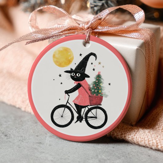 Witch Black Cat Cycling Xmas Tree Witchy Christmas セラミックオーナメント