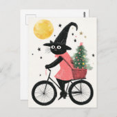 Witch Cat Cycling with Xmas Tree Quirky Christmas ポストカード (正面/裏面)