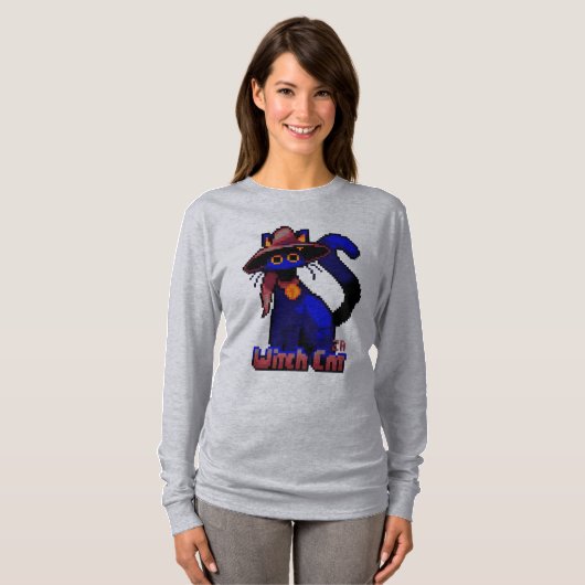Witch Cat Halloween pixel art Tシャツ (正面フル)