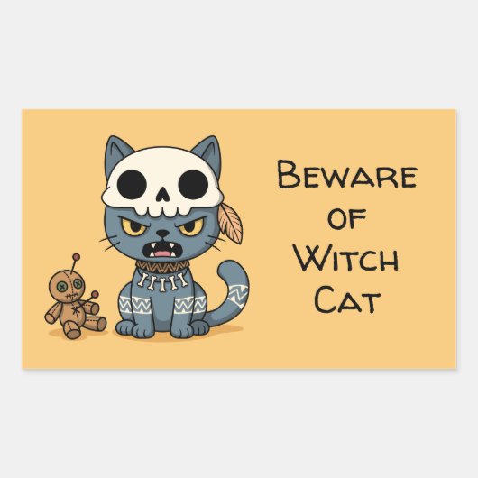Witch Cat Voodoo Doll Yellow Custom Text 長方形シール (正面)