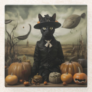 Witch Cat with Pumpkins ガラスコースター