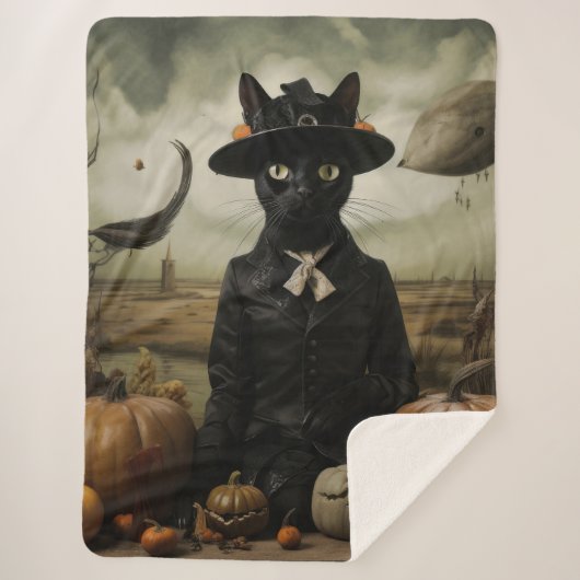 Witch Cat with Pumpkins  シェルパブランケット (正面)