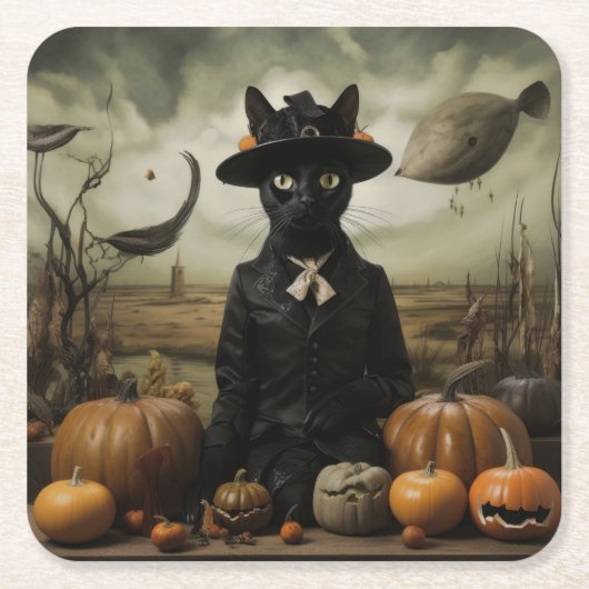 Witch Cat with Pumpkins  スクエアペーパーコースター (正面)