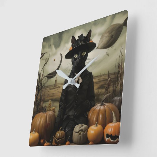 Witch Cat with Pumpkins  スクエア壁時計 (傾斜)
