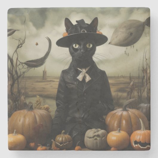 Witch Cat with Pumpkins  ストーンコースター (正面)