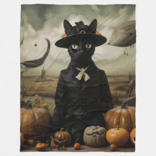 Witch Cat with Pumpkins  フリースブランケット (正面)