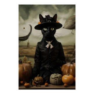 Witch Cat with Pumpkins ポスター
