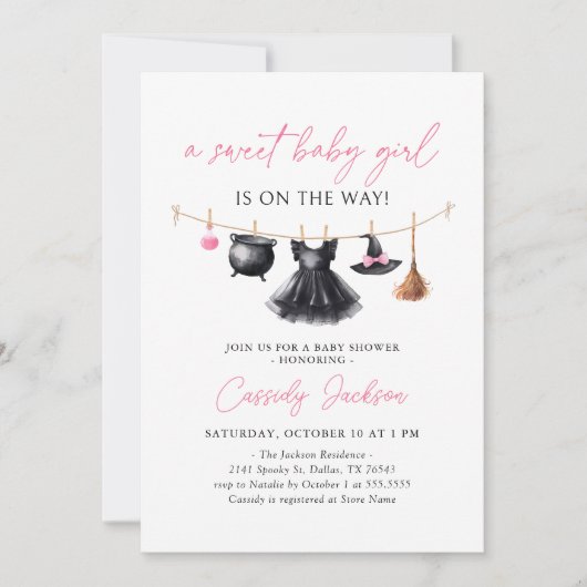 Witch Clothesline Halloween Baby Shower 招待状 (正面)