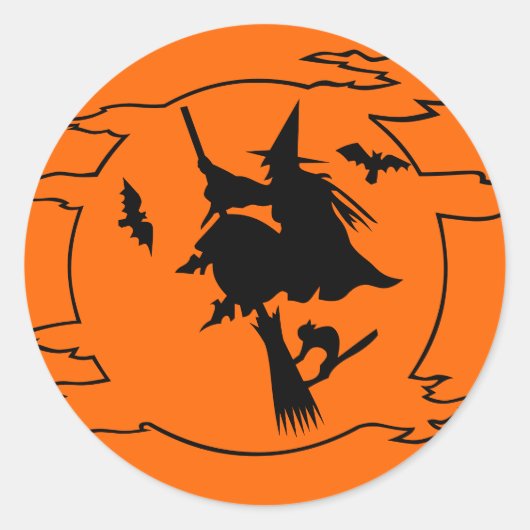Witch flying on a broom stick Halloween stickers ラウンドシール (正面)
