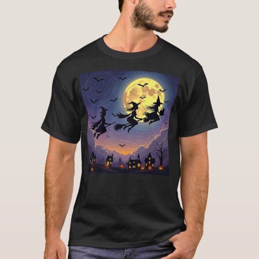 witch Halloween witches Starry Night Van Gogh cat  Tシャツ (正面)