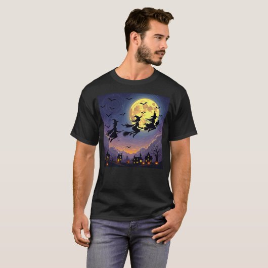 witch Halloween witches Starry Night Van Gogh cat  Tシャツ (正面フル)