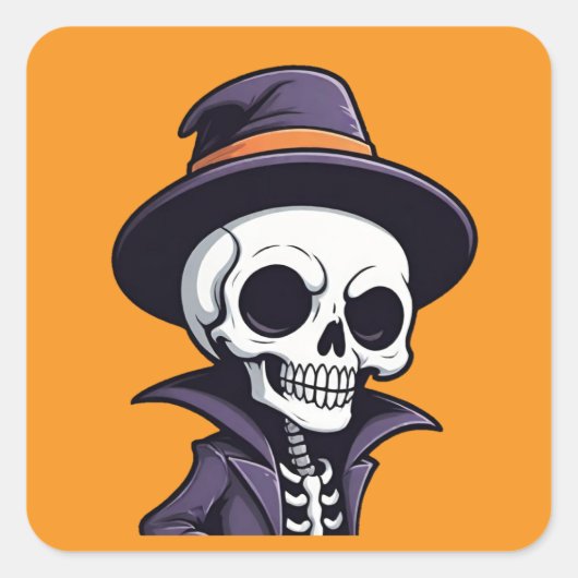 Witch Hat Halloween Skeleton Stickers スクエアシール (正面)