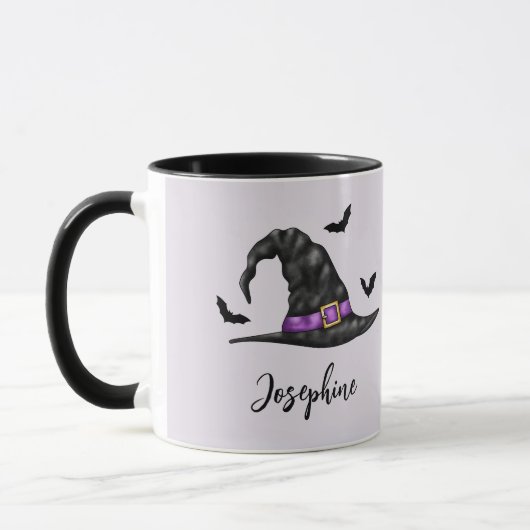 Witch Hat With Flying Bats And Name Halloween マグカップ (左)