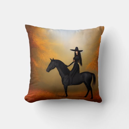 Witch on a Black Horse in Autumn Throw Pillow クッション (正面)