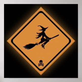 Witch On Broom Warning Sign ポスター