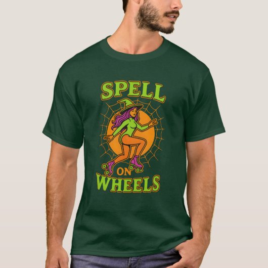 Witch on Roller Skates Funny Halloween T-Shirt Tシャツ (正面)