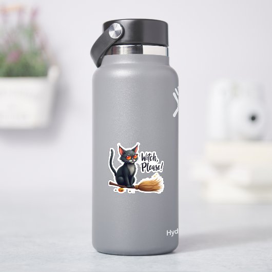 "Witch, Please!" Cool Black Cat on Broom Halloween シール (HydroFlask)