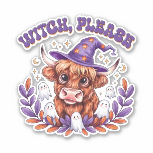 Witch Please Highland Cow Halloween シール (正面)