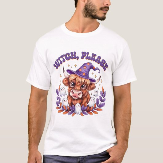 Witch Please Highland Cow Halloween Tシャツ (正面)