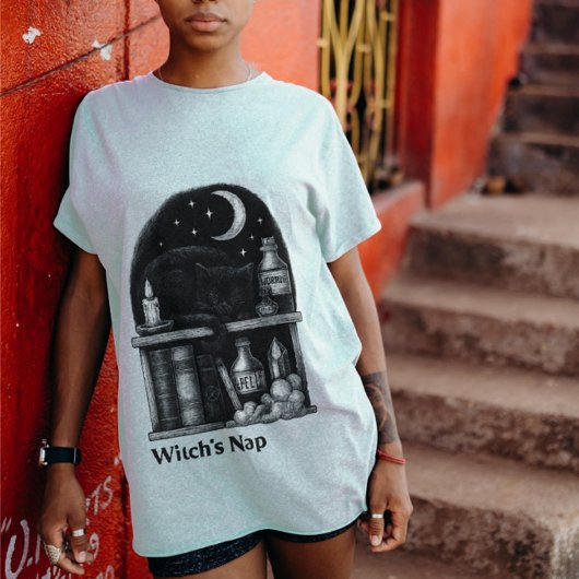 Witch’s Nap – Black Cat Sleeping in Potion Shelf Tシャツ