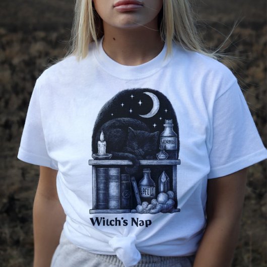Witch’s Nap – Black Cat Sleeping in Potion Shelf Tシャツ