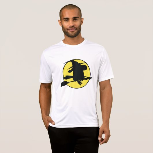 Witch Silhouette Flying on Broom Against Full Moon Tシャツ (正面フル)