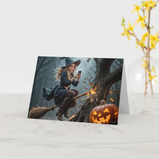 Witch Texting While Flying On a Broom カード (黄色い花)