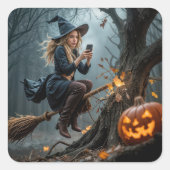Witch Texting While Flying On a Broom スクエアシール (正面)