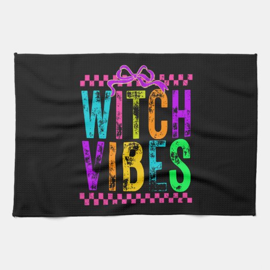Witch Vibes Halloween Neon Checkered Bow キッチンタオル (横)