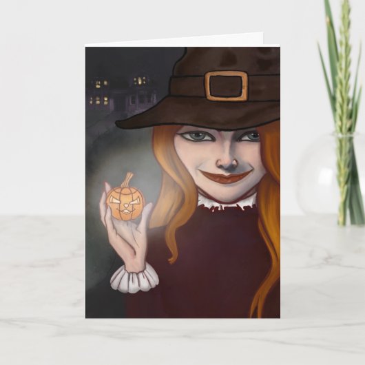 Witch w/Jack O'Lantern 5"x 7"折り畳みカード カード (正面)