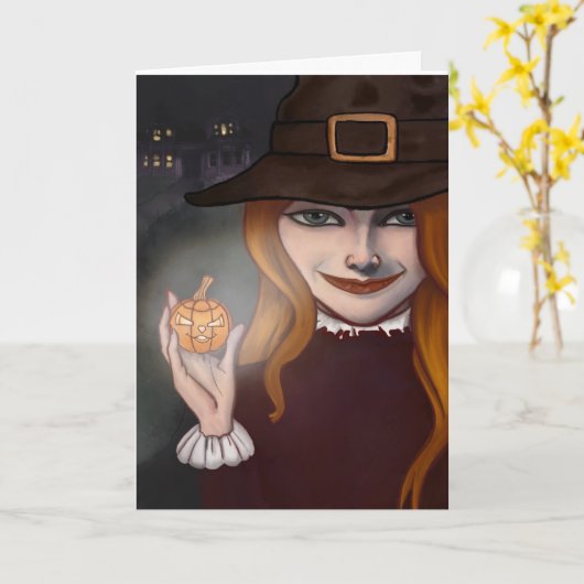 Witch w/Jack O'Lantern 5"x 7"折り畳みカード カード (黄色い花)