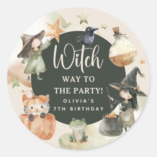 Witch Way to the Party' Kids Halloween Birthday ラウンドシール (正面)