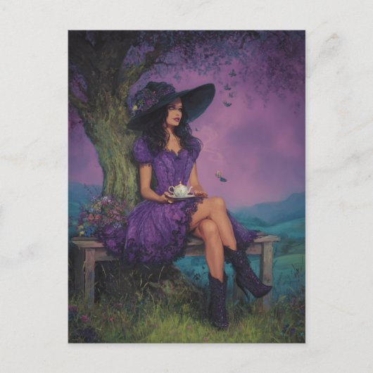 Witch With Tea on a Bench Under a Tree ポストカード (正面)