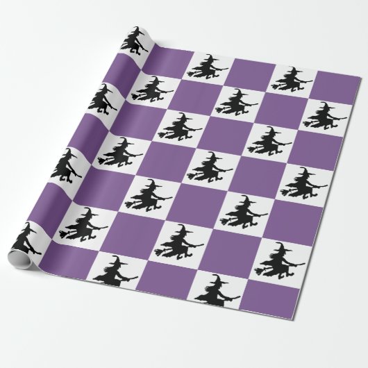 Witches on Purple & White Checkered Wrapping Paper ラッピングペーパー (アンロールド)