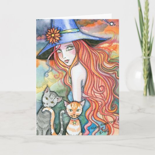 Witchyイブの魔法使い猫のハロウィンカードNotecard カード (正面)