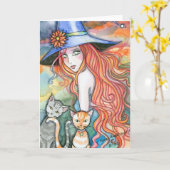Witchyイブの魔法使い猫のハロウィンカードNotecard カード (黄色い花)