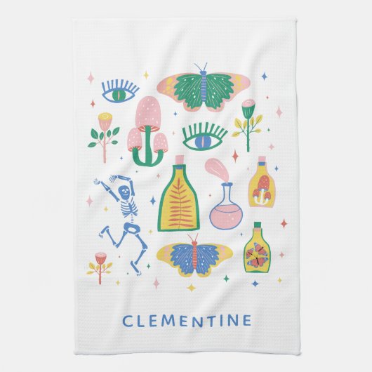 Witchyカラフル魔法ポパーソナライズされたーション名 キッチンタオル (縦)