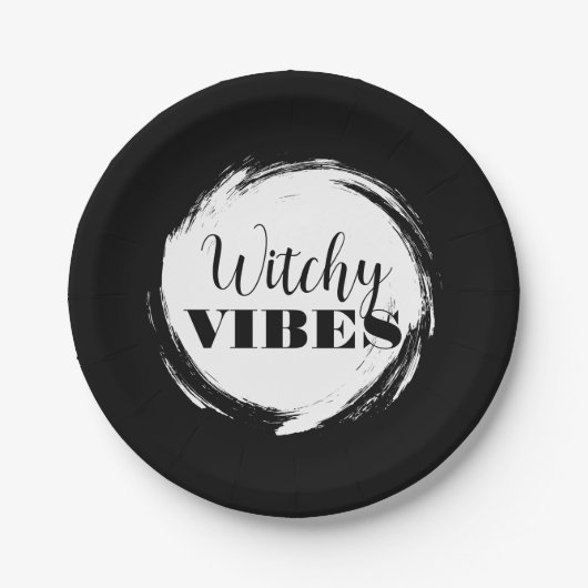 Witchy Halloween Party Black and White ペーパープレート (正面)