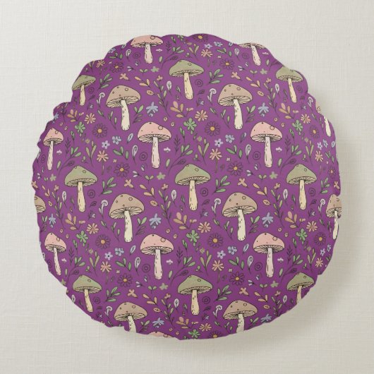 Witchy Plum Purple Fungi Seamless Pattern Gift ラウンドクッション (正面)