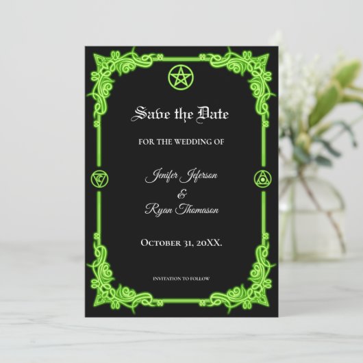 Witchy purple Glow Gothic wedding save the date 案内状 (スタンド正面)