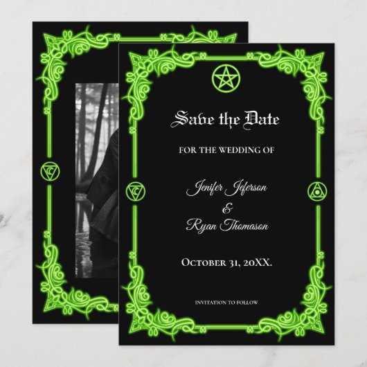 Witchy purple Glow Gothic wedding save the date 案内状 (正面/裏面)