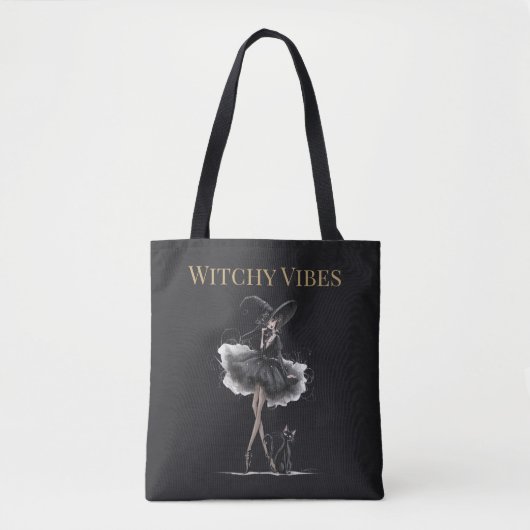 Witchy Vibes Dark Edition – Gothic Witch & Cat トートバッグ (正面)