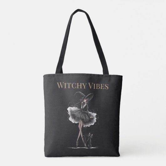 Witchy Vibes Dark Edition – Gothic Witch & Cat トートバッグ (裏面)