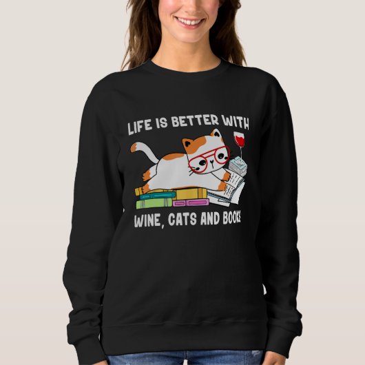 With Books Cats And Wine Drinking Dad Mom スウェットシャツ (正面)