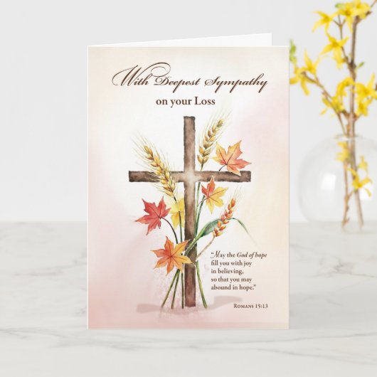 With Deepest Sympathy Religious Cross Wheat Autumn カード (黄色い花)